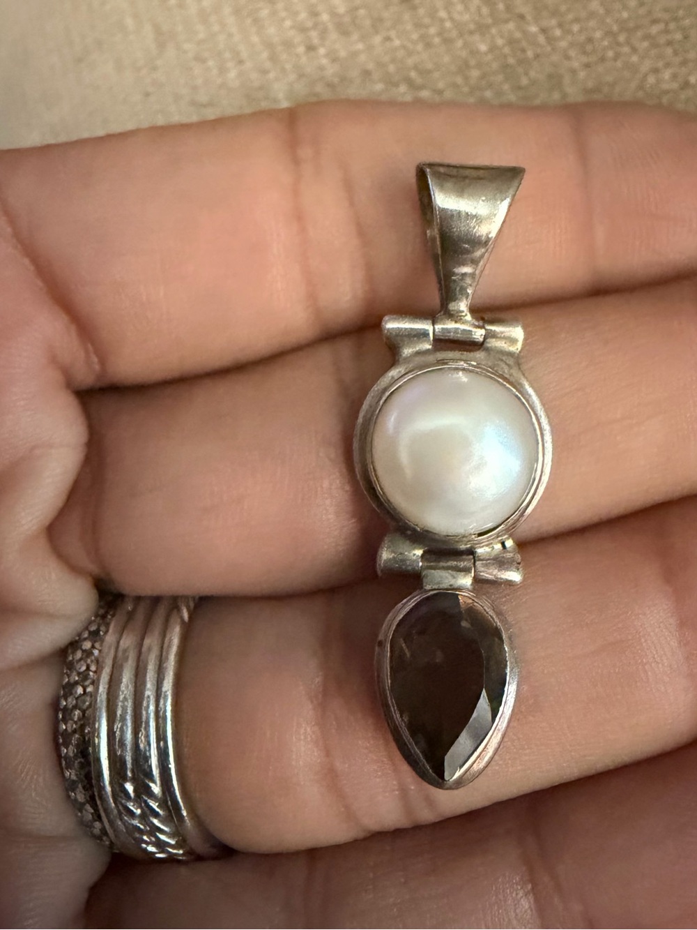 Sterling Silver Pearl and Smoky Quartz Drop Pendant - White Pearl
